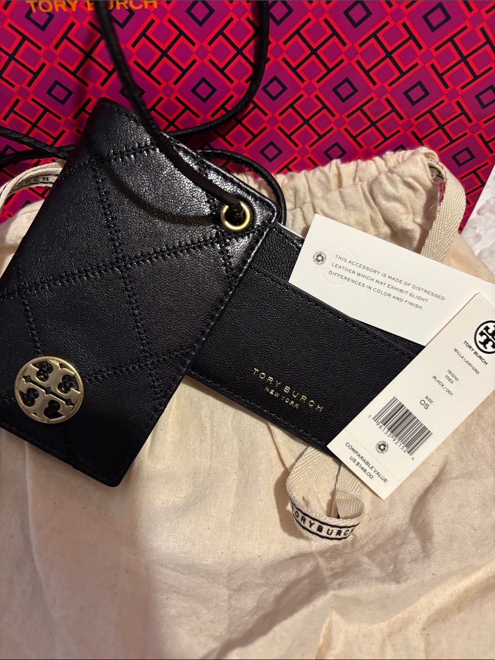 Tory Burch Black Quilted Leather Crossbody Card Case with Gold Logo - Picture 3 of 4